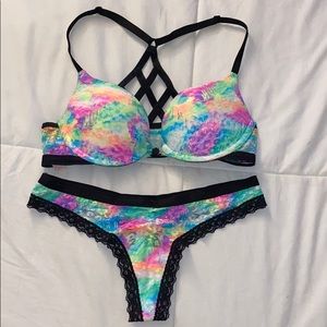 VS Pink Neon Rainbow Lace bra & thong set 32B & S
